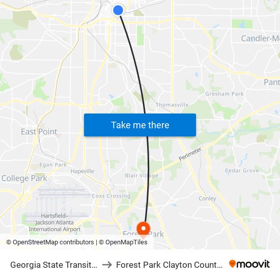 Georgia State Transit Station to Forest Park Clayton County GA USA map