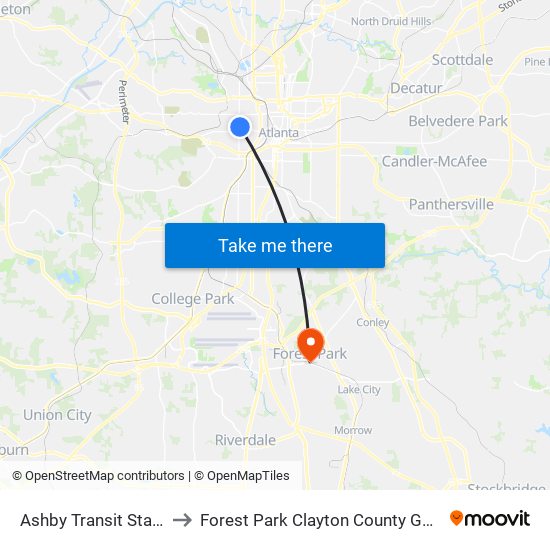Ashby Transit Station to Forest Park Clayton County GA USA map