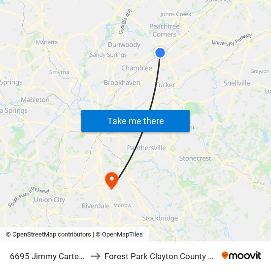 6695 Jimmy Carter Blvd to Forest Park Clayton County GA USA map