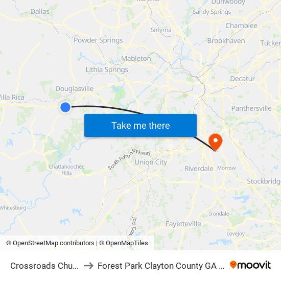 Crossroads Church to Forest Park Clayton County GA USA map