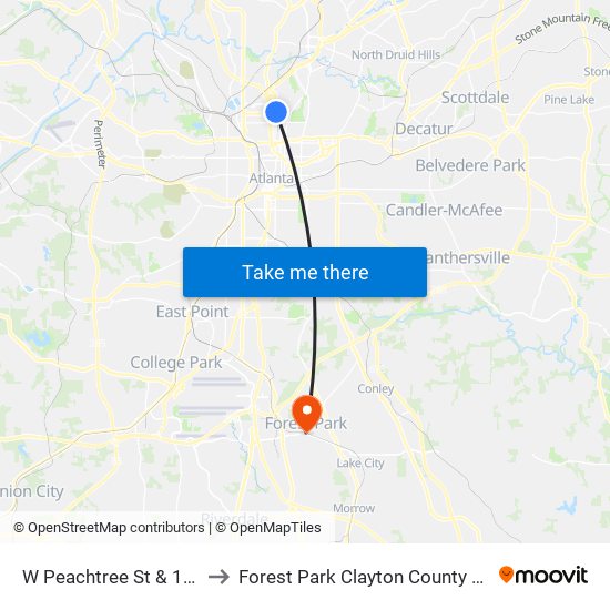 W Peachtree St & 14th St to Forest Park Clayton County GA USA map