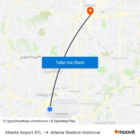 Atlanta Airport ATL to Atlanta Stadium historical map