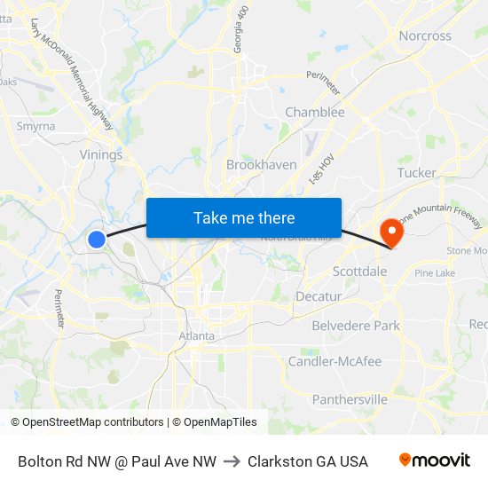 Bolton Rd NW @ Paul Ave NW to Clarkston GA USA map
