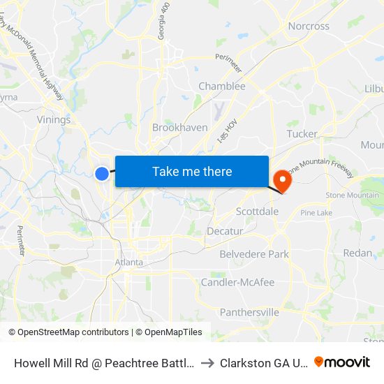 Howell Mill Rd @ Peachtree Battle Av to Clarkston GA USA map