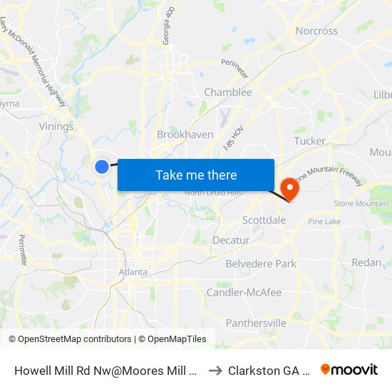 Howell Mill Rd Nw@Moores Mill Rd NW to Clarkston GA USA map