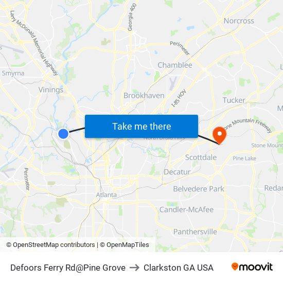 Defoors Ferry Rd@Pine Grove to Clarkston GA USA map