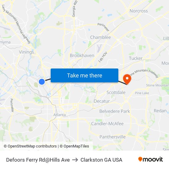 Defoors Ferry Rd@Hills Ave to Clarkston GA USA map
