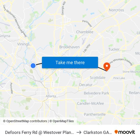 Defoors Ferry Rd @ Westover Plantation Rd to Clarkston GA USA map