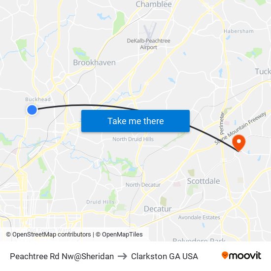 Peachtree Rd Nw@Sheridan to Clarkston GA USA map