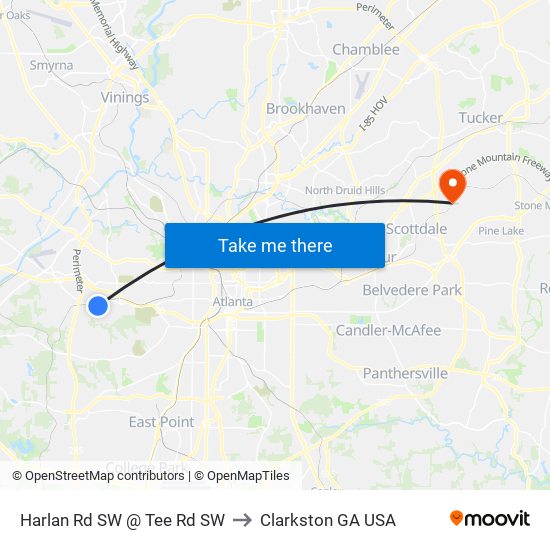 Harlan Rd SW @ Tee Rd SW to Clarkston GA USA map