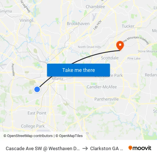 Cascade Ave SW @ Westhaven Dr SW to Clarkston GA USA map