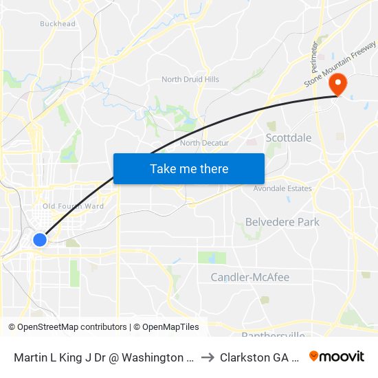 Martin L King J Dr @ Washington St SW to Clarkston GA USA map