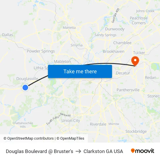 Douglas Boulevard @ Bruster's to Clarkston GA USA map