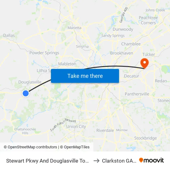 Stewart Pkwy And Douglasville Town Center to Clarkston GA USA map