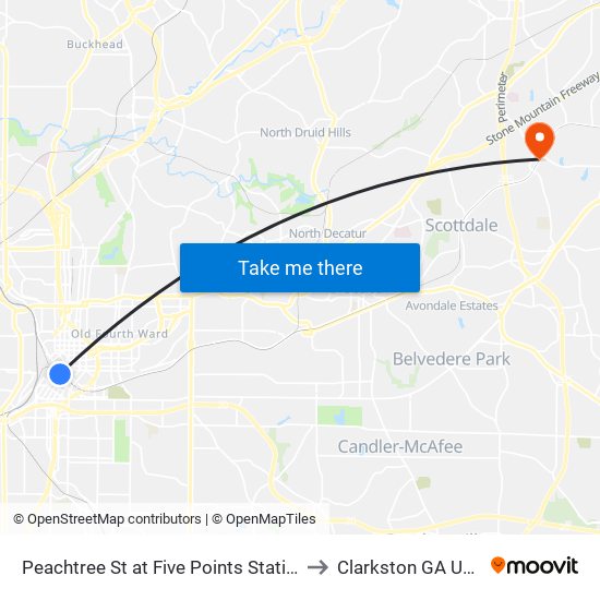 Peachtree St at Five Points Station to Clarkston GA USA map