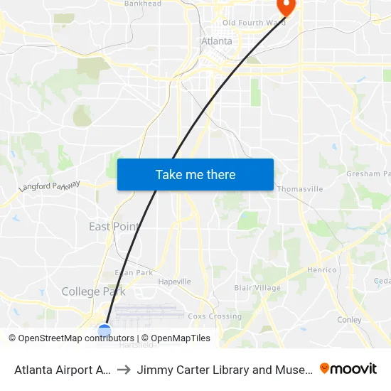 Atlanta Airport ATL to Jimmy Carter Library and Museum map