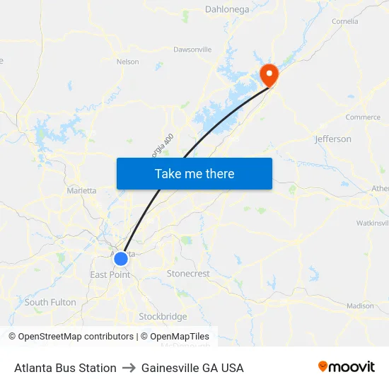 Atlanta Bus Station to Gainesville GA USA map