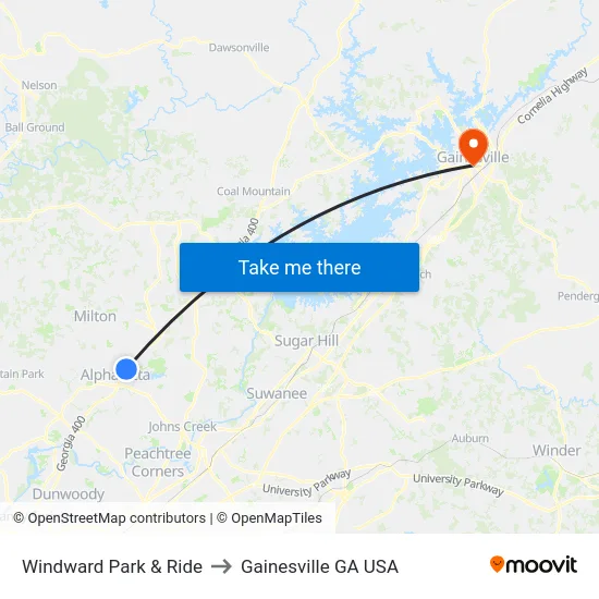 Windward Park & Ride to Gainesville GA USA map