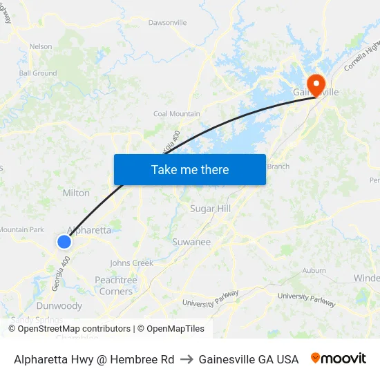 Alpharetta Hwy @ Hembree Rd to Gainesville GA USA map