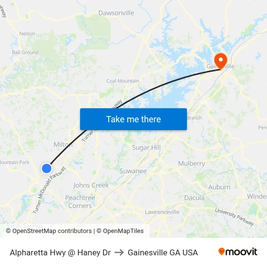 Alpharetta Hwy @ Haney Dr to Gainesville GA USA map