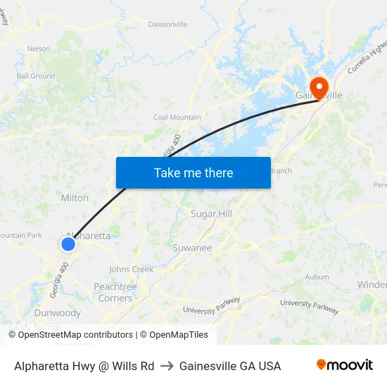 Alpharetta Hwy @ Wills Rd to Gainesville GA USA map