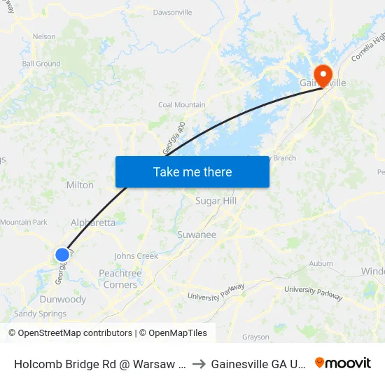 Holcomb Bridge Rd @ Warsaw Rd to Gainesville GA USA map