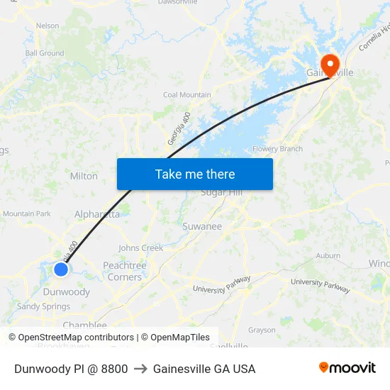 Dunwoody Pl @ 8800 to Gainesville GA USA map