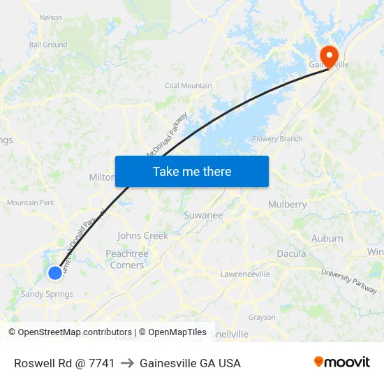 Roswell Rd @ 7741 to Gainesville GA USA map