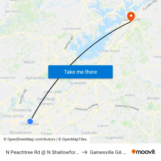 N Peachtree Rd @ N Shallowford Rd to Gainesville GA USA map