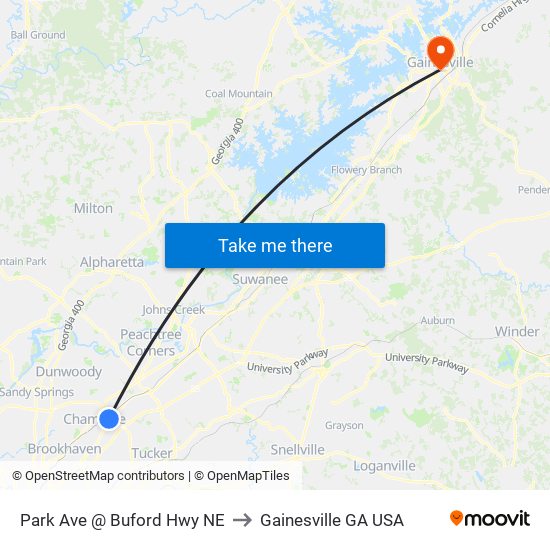 Park Ave @ Buford Hwy NE to Gainesville GA USA map