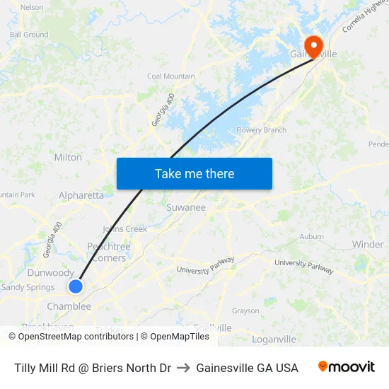 Tilly Mill Rd @ Briers North Dr to Gainesville GA USA map