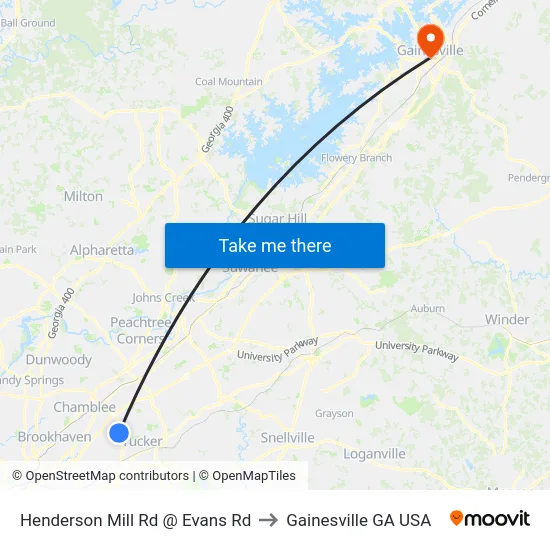 Henderson Mill Rd @ Evans Rd to Gainesville GA USA map