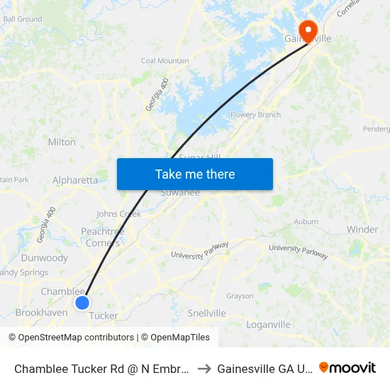 Chamblee Tucker Rd @ N Embry Cir to Gainesville GA USA map