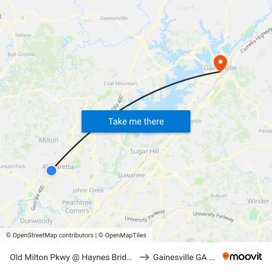 Old Milton Pkwy @ Haynes Bridge Rd to Gainesville GA USA map
