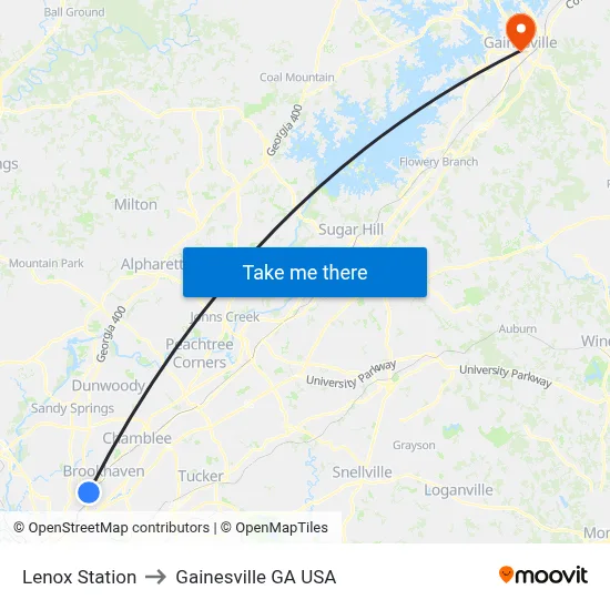Lenox Station to Gainesville GA USA map