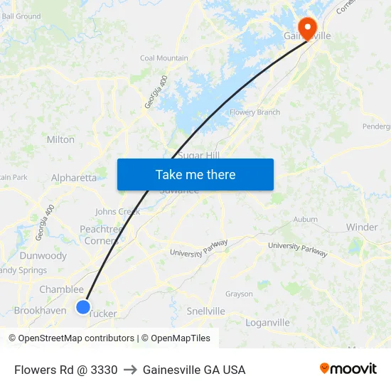 Flowers Rd @ 3330 to Gainesville GA USA map