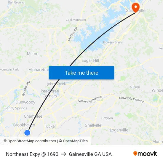 Northeast Expy @ 1690 to Gainesville GA USA map