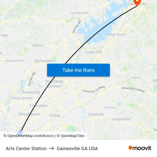 Arts Center Station to Gainesville GA USA map
