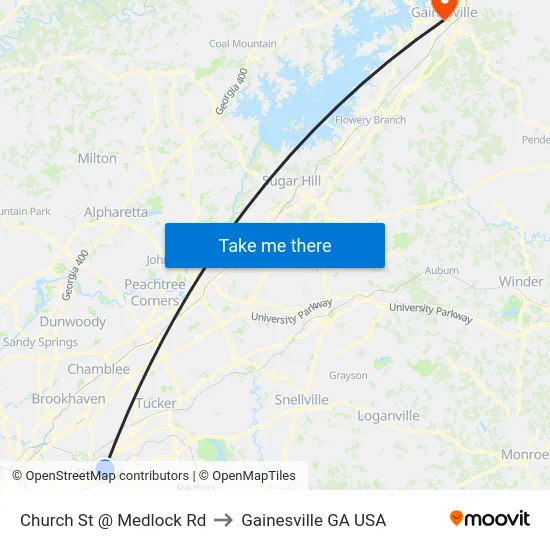 Church St @ Medlock Rd to Gainesville GA USA map