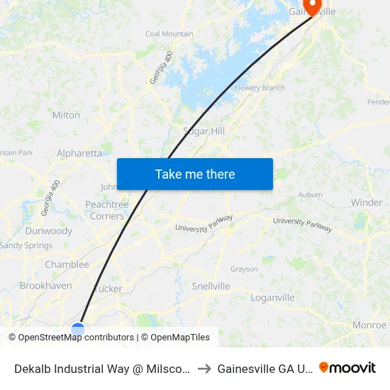 Dekalb Industrial Way @ Milscott Dr to Gainesville GA USA map