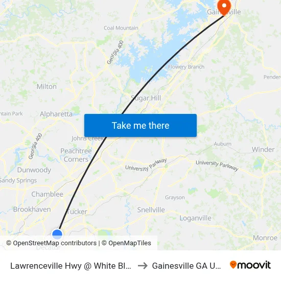 Lawrenceville Hwy @ White Blvd to Gainesville GA USA map