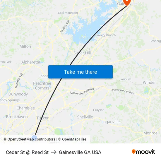 Cedar St @ Reed St to Gainesville GA USA map