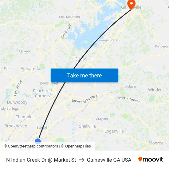 N Indian Creek Dr @ Market St to Gainesville GA USA map