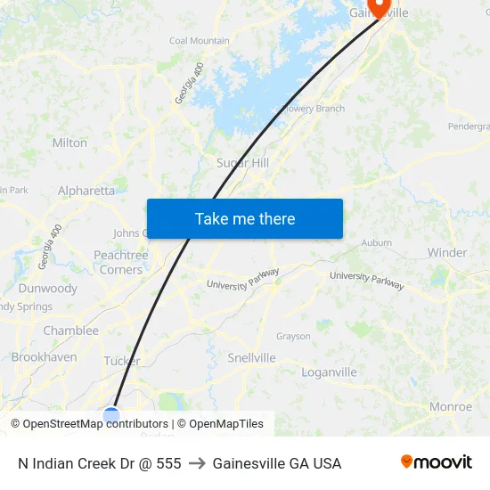 N Indian Creek Dr @ 555 to Gainesville GA USA map