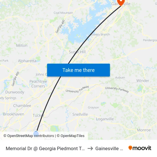 Memorial Dr @ Georgia Piedmont Tech College Dr to Gainesville GA USA map
