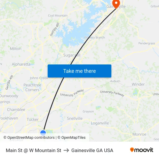 Main St @ W Mountain St to Gainesville GA USA map