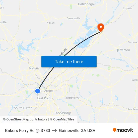 Bakers Ferry Rd @ 3783 to Gainesville GA USA map