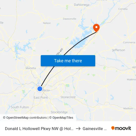 Donald L Hollowell Pkwy NW @ Hollywood Rd NW to Gainesville GA USA map