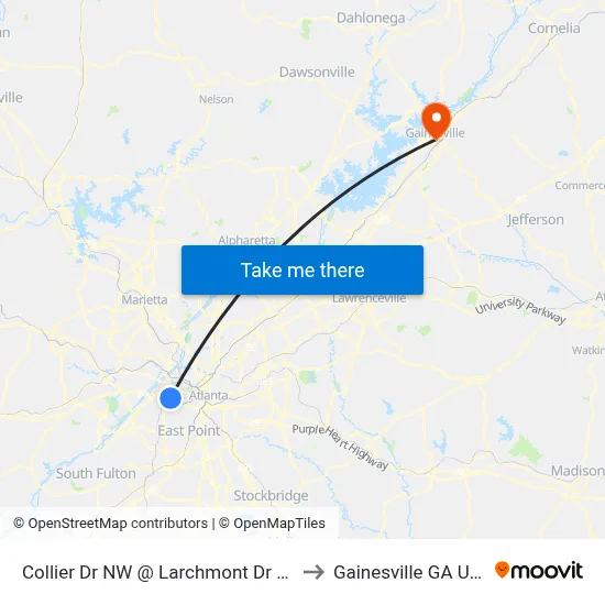 Collier Dr NW @ Larchmont Dr NW to Gainesville GA USA map