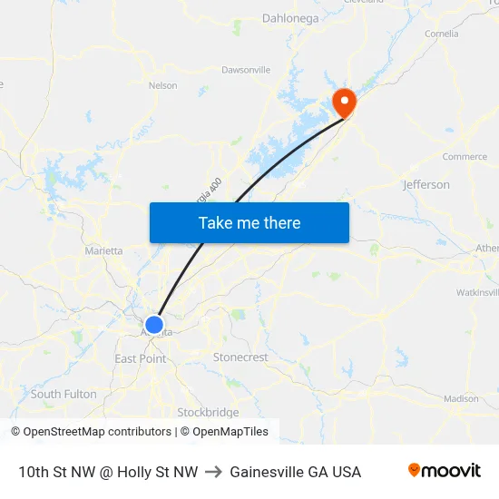 10th St NW @ Holly St NW to Gainesville GA USA map